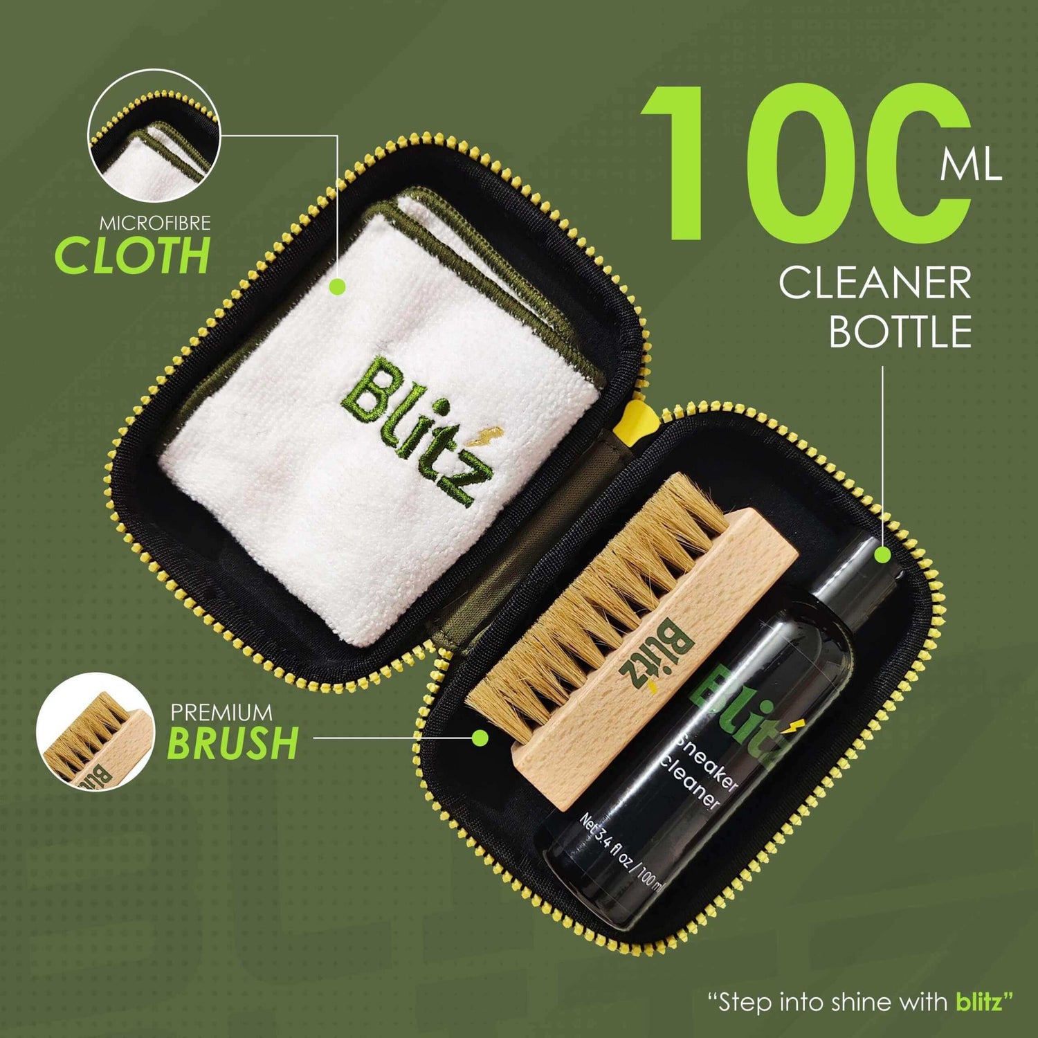 Blitz Premium Sneaker Cleaning Set with microfiber cloth, brush and 100 ml cleaner bottle in a travel pouch.