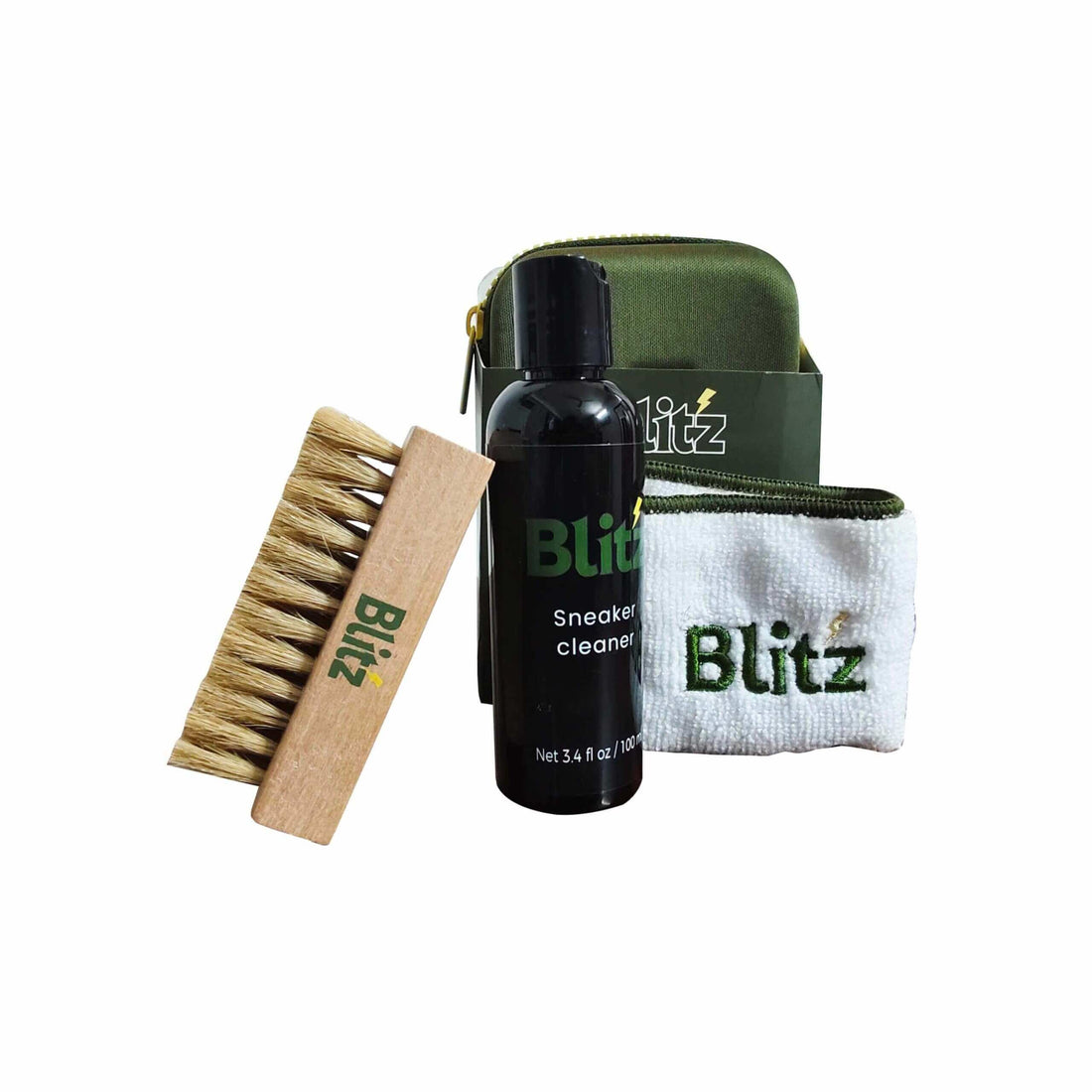 Blitz Premium Sneaker Cleaning Set including brush, cleaner, microfiber cloth, and travel pouch