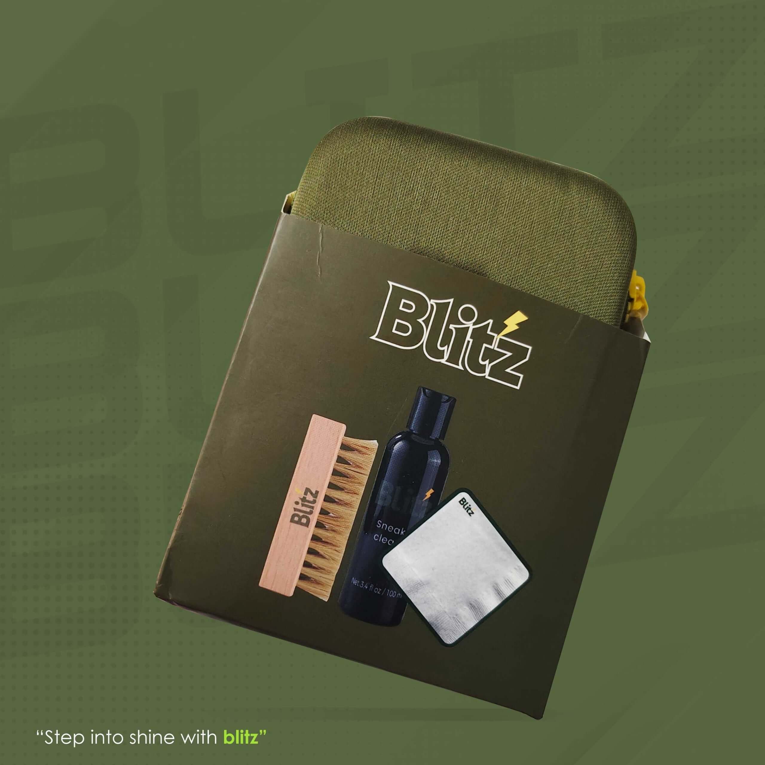 Blitz Premium Sneaker Cleaning Set for Shoe And Sneaker Care, featuring cleaning solution, brush, and cloth.