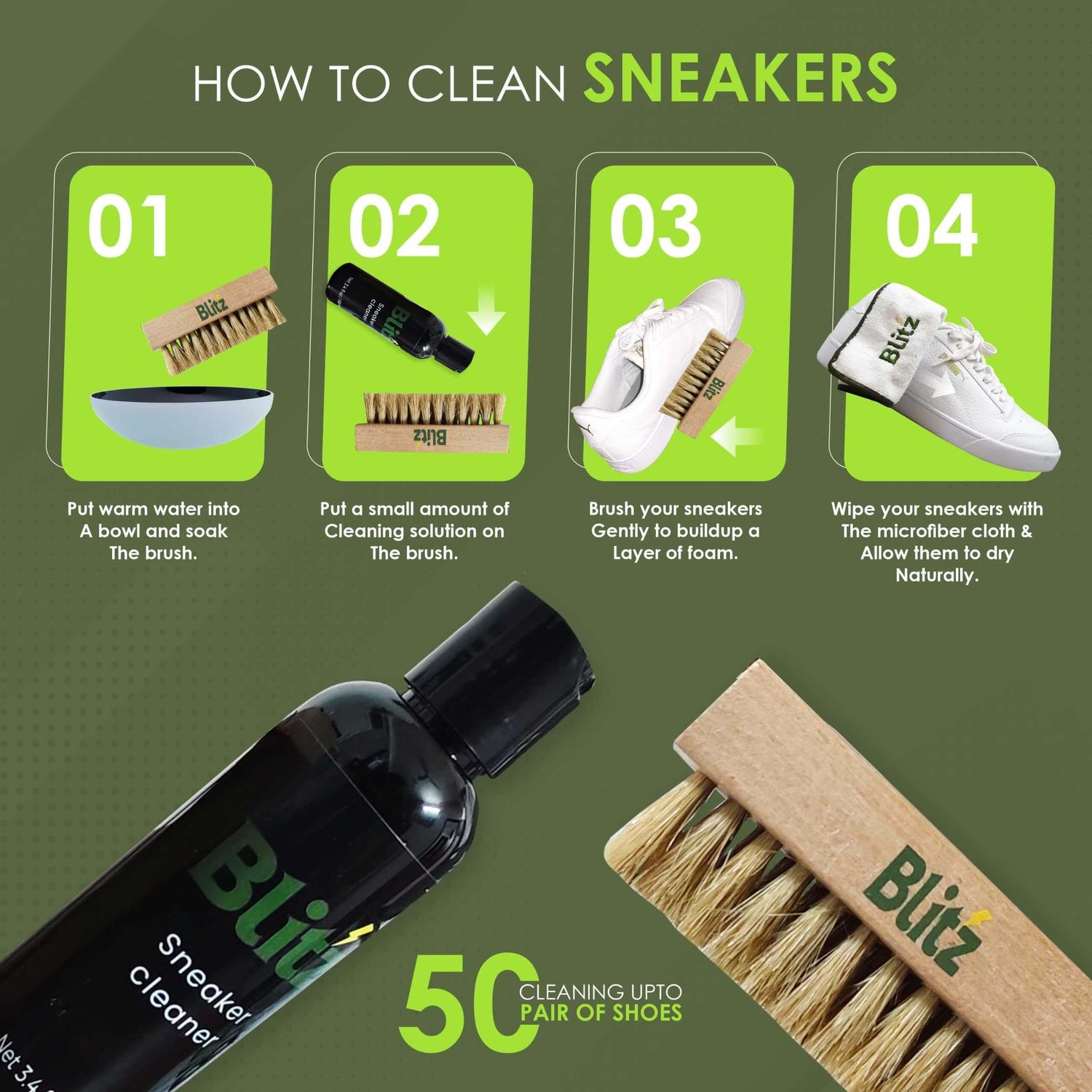 How to clean sneakers using the Blitz Premium Sneaker Cleaning Set, including cleaning solution and brush steps.