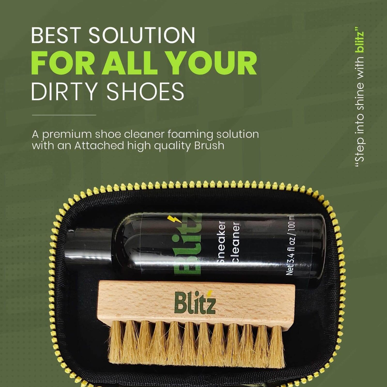 Blitz Premium Sneaker Cleaning Set foaming solution and wooden brush for cleaning dirty shoes.