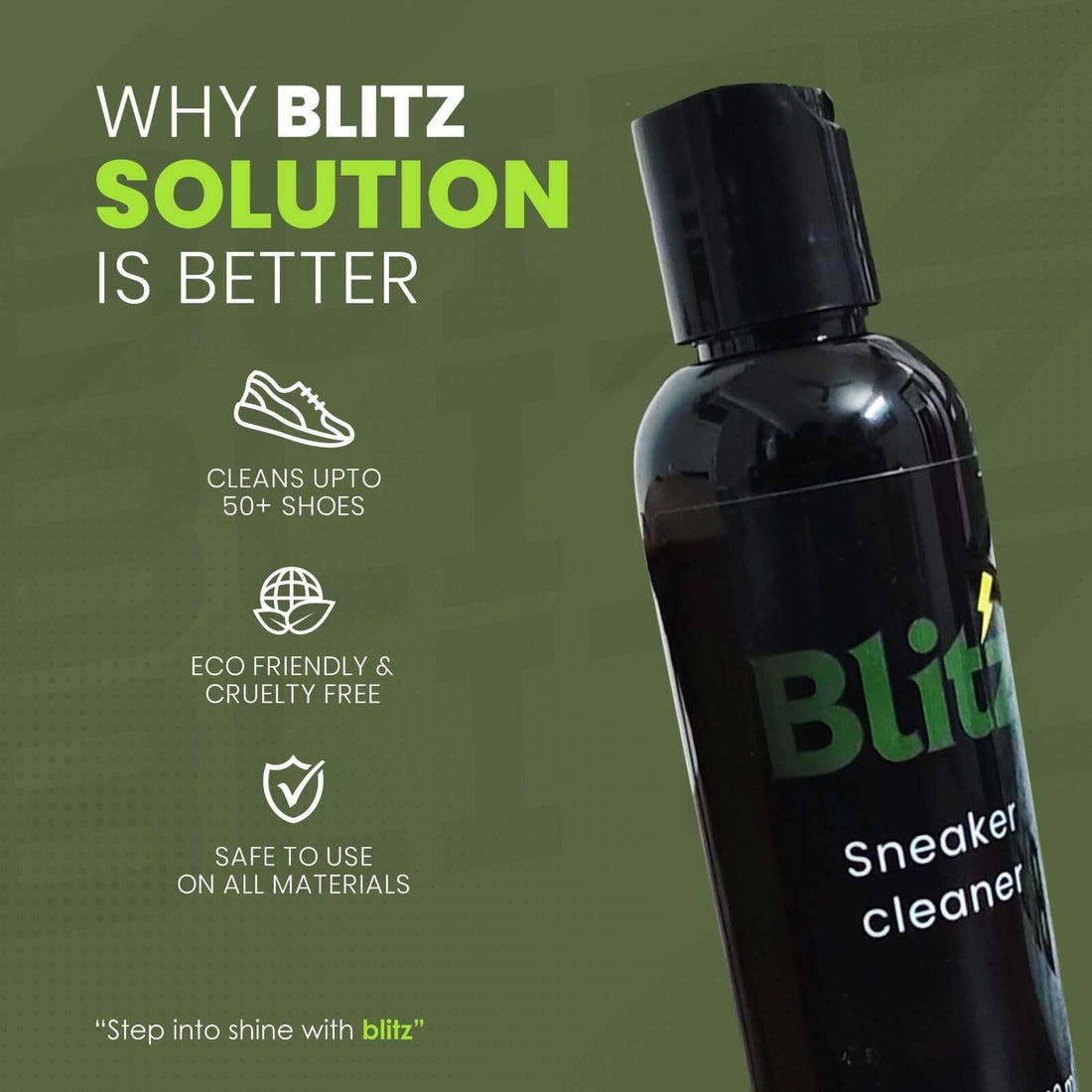 Blitz Premium Sneaker Cleaning Set cleaning solution bottle with benefits highlighted.